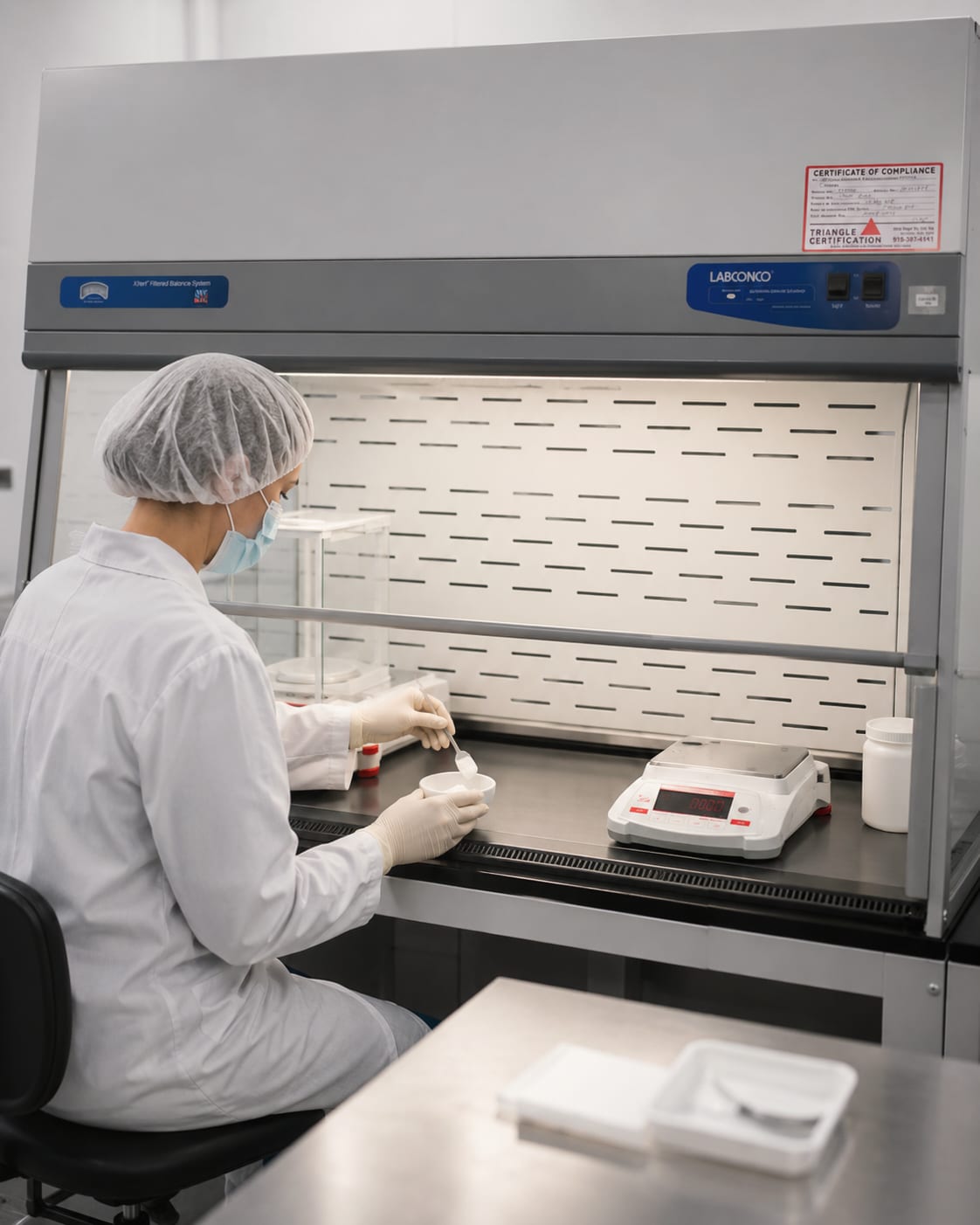 A pharmacy team member preparing a compounded medication