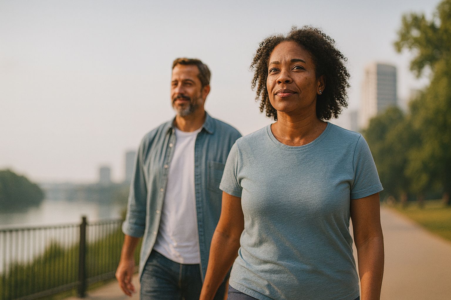 Active couple enjoying outdoor walk - weight management success